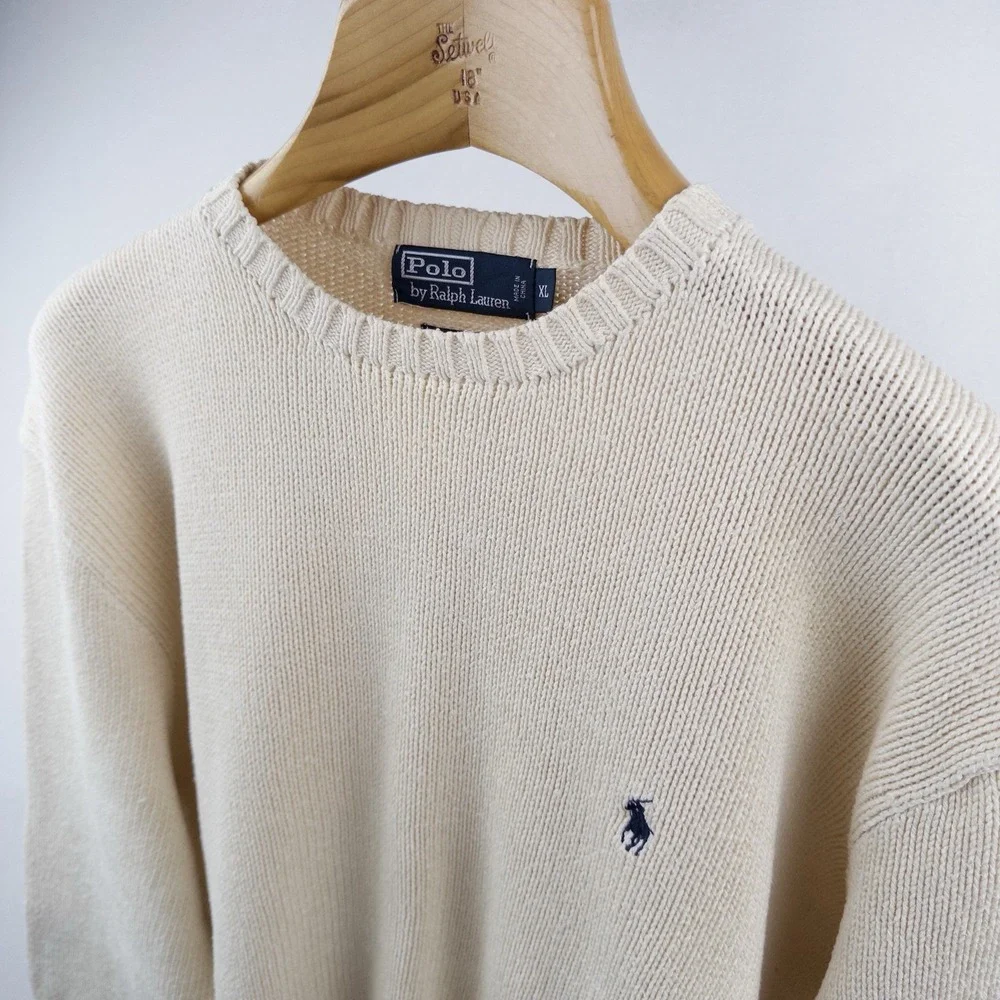 90's Vtg Polo Ralph Lauren Knit Sweater Mens XL Cream Beige Pima Cotton Crewneck
